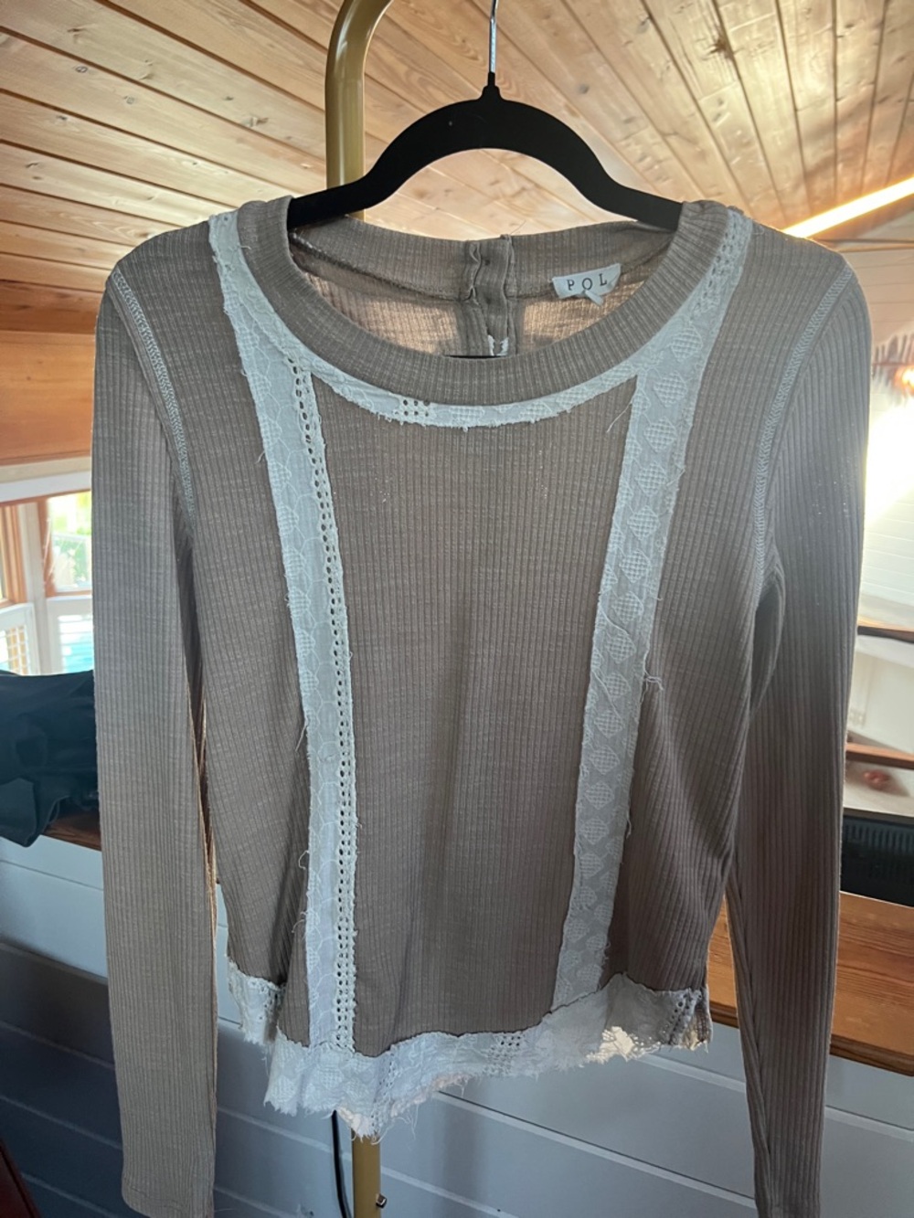 POL Taupe Ribbed Long Sleeve Top with White Lace Accents